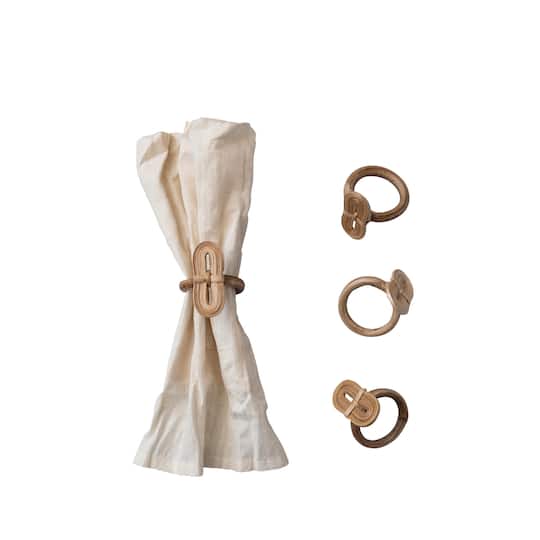 Boho Woven Bamboo Napkin Rings in Linen Drawstring Bag, Set of 4